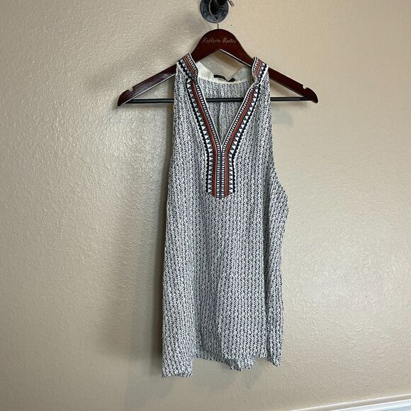 THML Anthropologie Women Sz XL White Navy Halter Top Embroidered Bohemian Blouse - Picture 3 of 12
